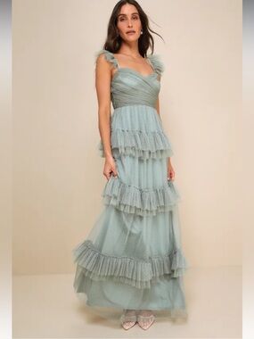 NWT Lulus Pure Radiance Sage Brush Mesh Swiss Dot Tiered Maxi Dress 3X